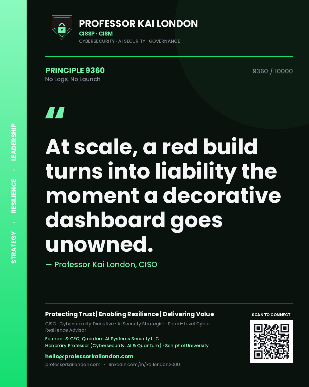 Quote card by Professor Kai London reading 'At scale, a red build turns into liability the moment a decorative dashboard goes unowned.'. From the book No Logs, No Launch.