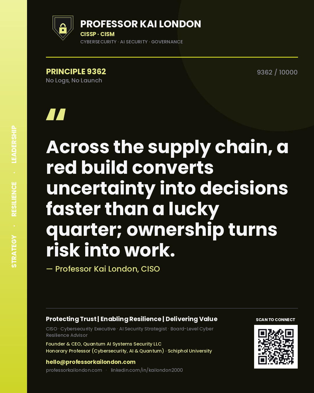 Professor Kai London principle 9362: Across the supply chain, a red build converts uncertainty into decisions faster than a lucky quarter; ownership turns risk into work.