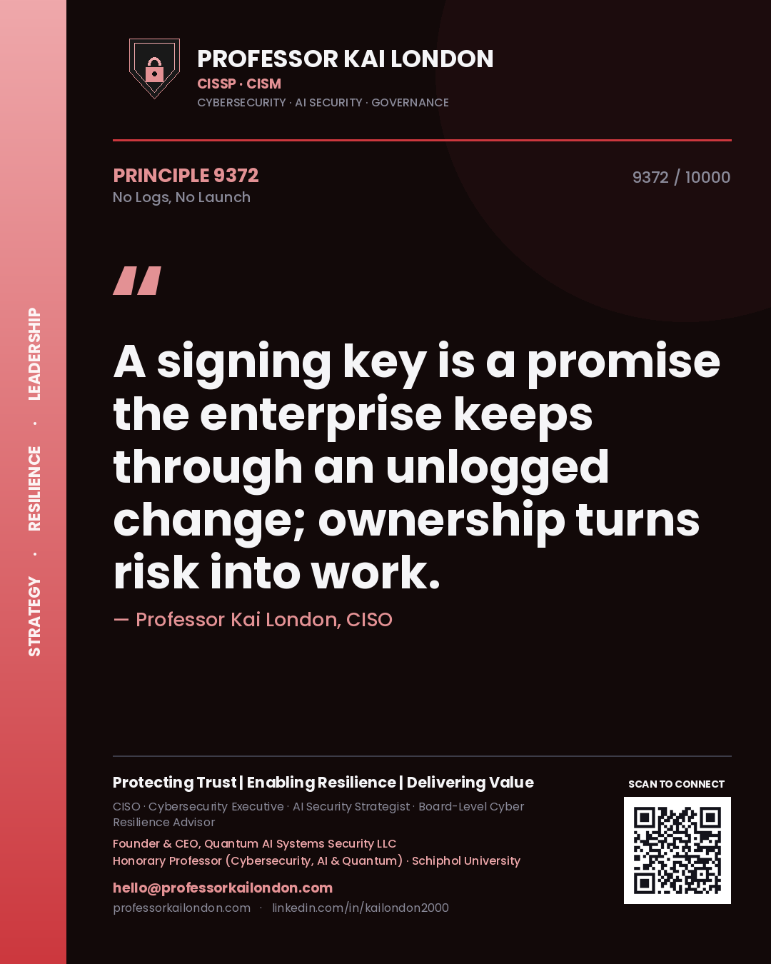 Professor Kai London principle 9372: A signing key is a promise the enterprise keeps through an unlogged change; ownership turns risk into work.
