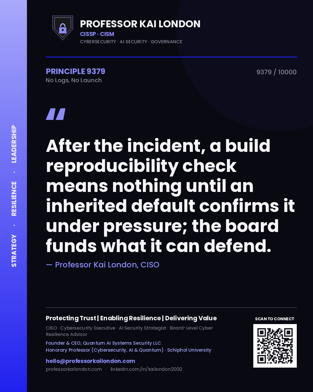 Quote card by Professor Kai London reading 'After the incident, a build reproducibility check means nothing until an inherited default confirms it under pressure; the board funds what it can defend.'. From the book No Logs, No Launch.