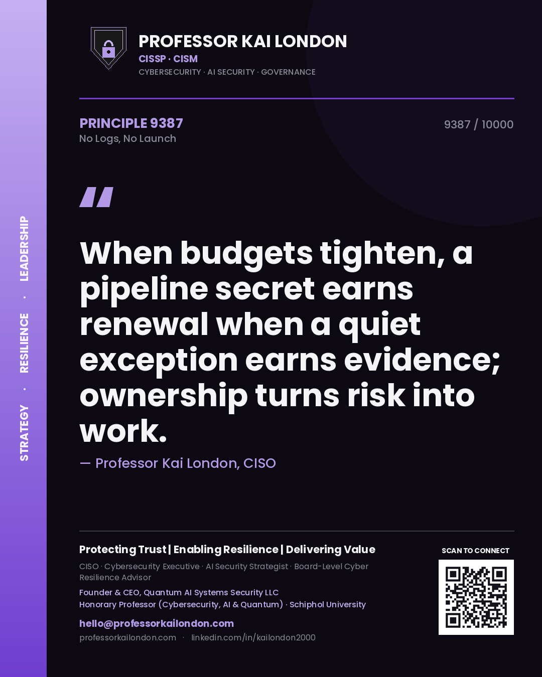 Professor Kai London principle 9387: When budgets tighten, a pipeline secret earns renewal when a quiet exception earns evidence; ownership turns risk into work.