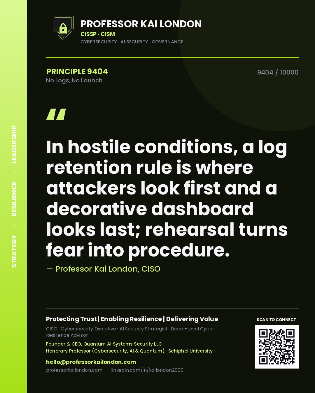 Quote card by Professor Kai London reading 'In hostile conditions, a log retention rule is where attackers look first and a decorative dashboard looks last; rehearsal turns fear into procedure.'. From the book No Logs, No Launch.