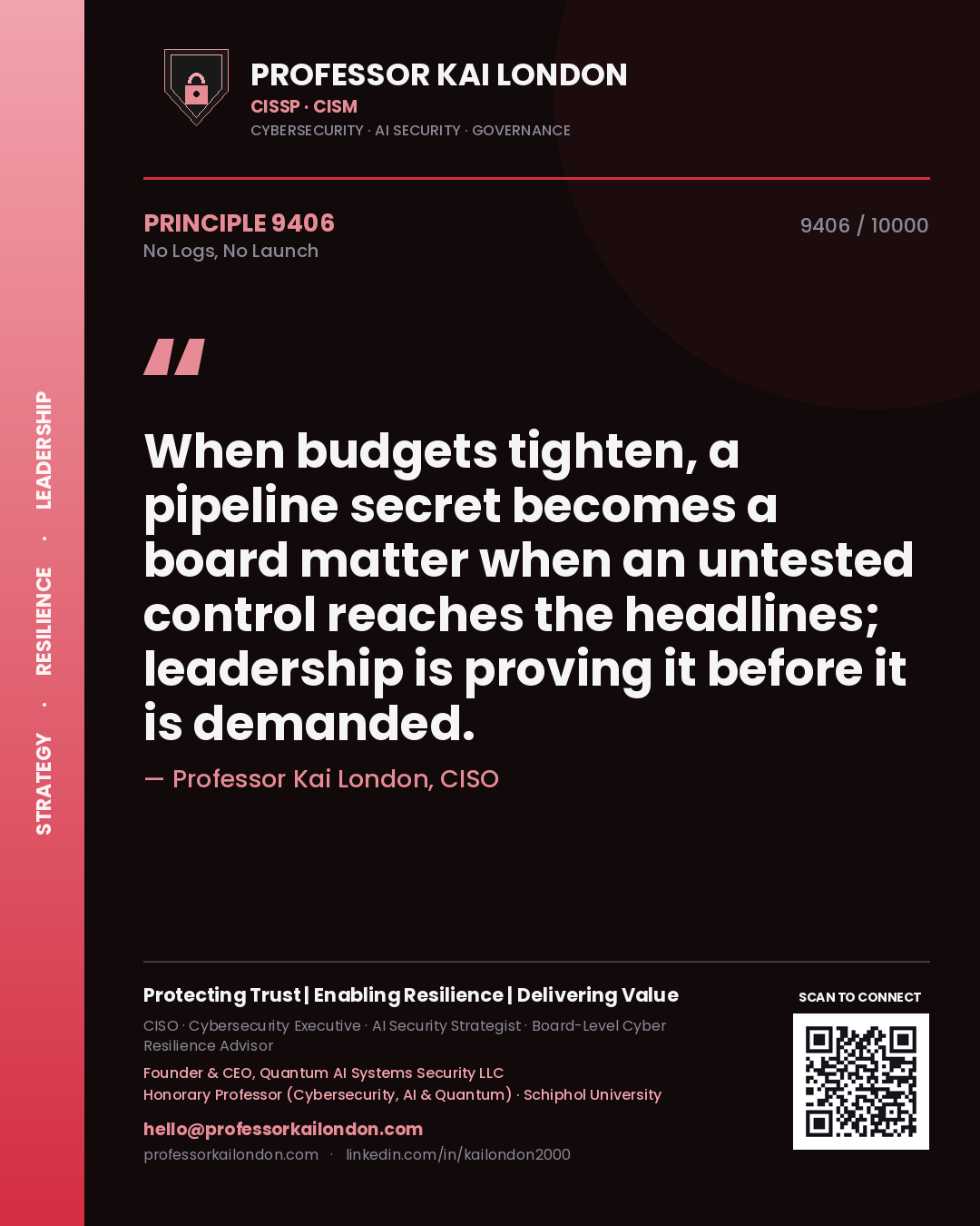 Quote card by Professor Kai London reading 'When budgets tighten, a pipeline secret becomes a board matter when an untested control reaches the headlines; leadership is proving it before it is demanded.'. From the book No Logs, No Launch.