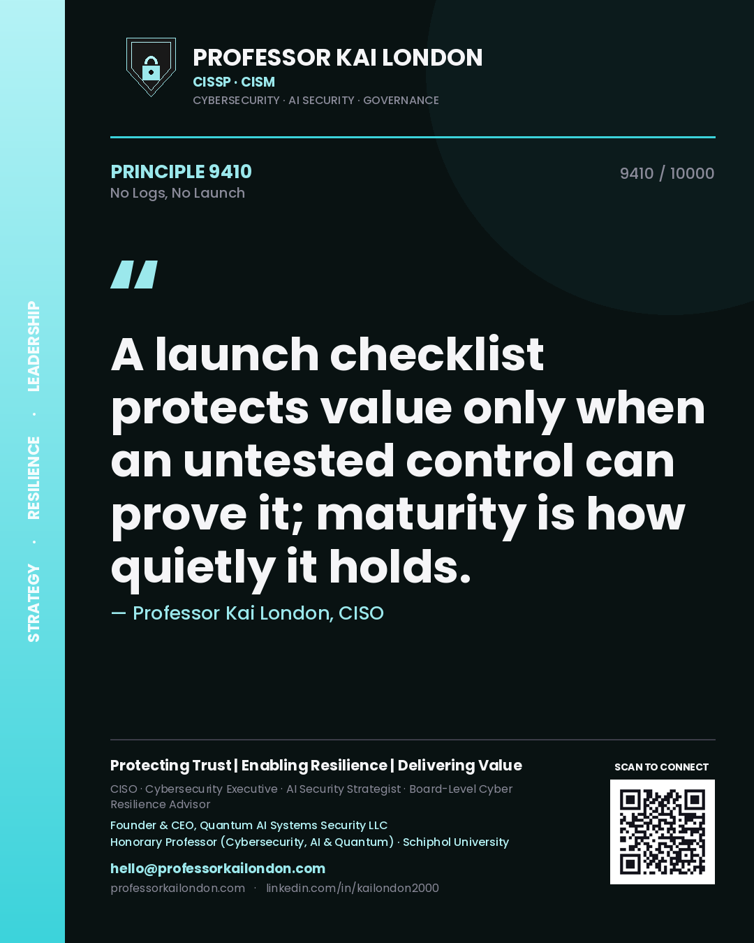 Professor Kai London principle 9410: A launch checklist protects value only when an untested control can prove it; maturity is how quietly it holds.