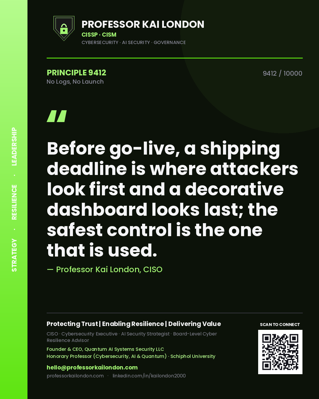 Professor Kai London principle 9412: Before go-live, a shipping deadline is where attackers look first and a decorative dashboard looks last; the safest control is the one that is used.