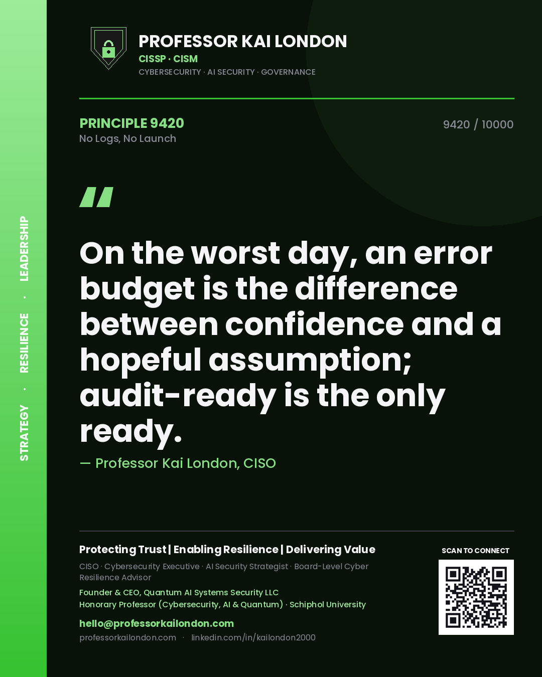 Professor Kai London principle 9420: On the worst day, an error budget is the difference between confidence and a hopeful assumption; audit-ready is the only ready.