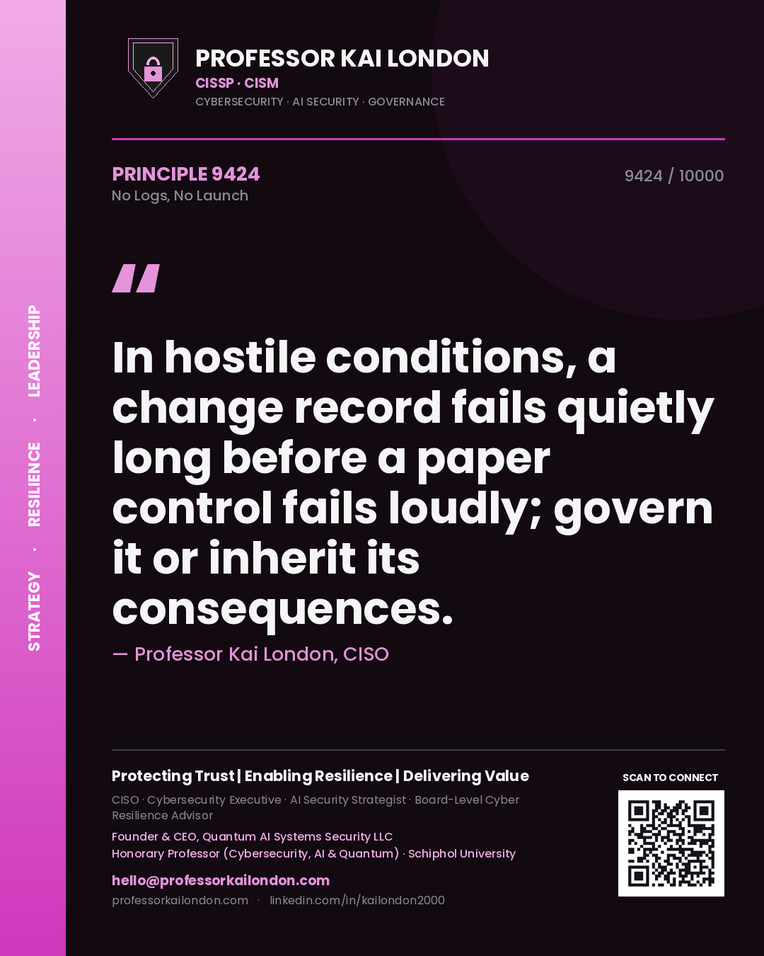 Professor Kai London principle 9424: In hostile conditions, a change record fails quietly long before a paper control fails loudly; govern it or inherit its consequences.