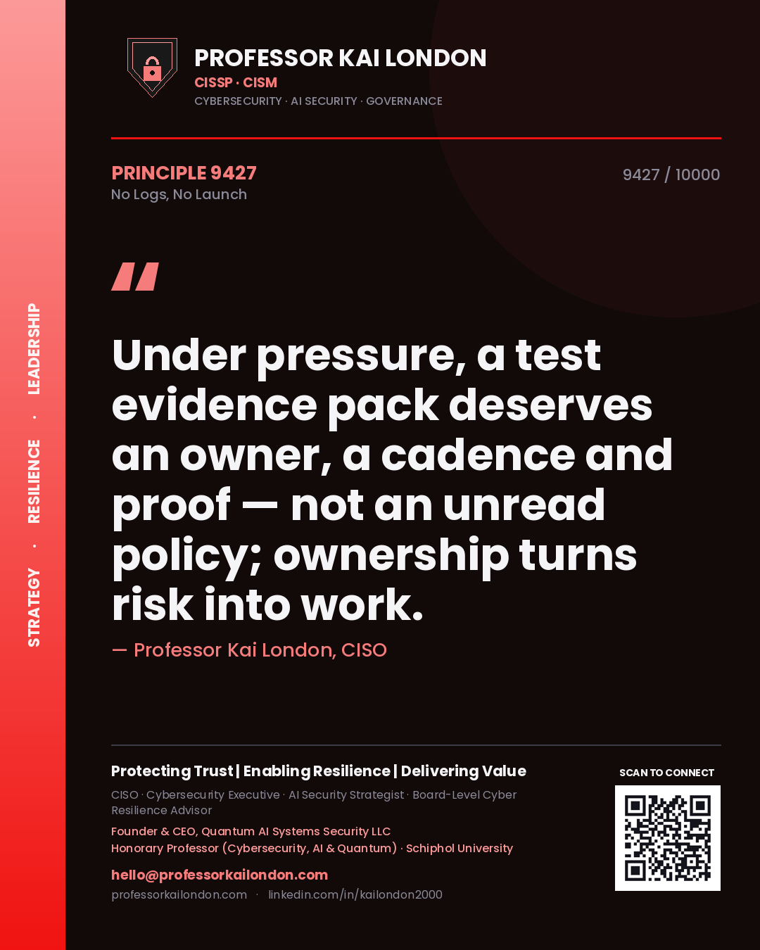 Quote card by Professor Kai London reading 'Under pressure, a test evidence pack deserves an owner, a cadence and proof — not an unread policy; ownership turns risk into work.'. From the book No Logs, No Launch.