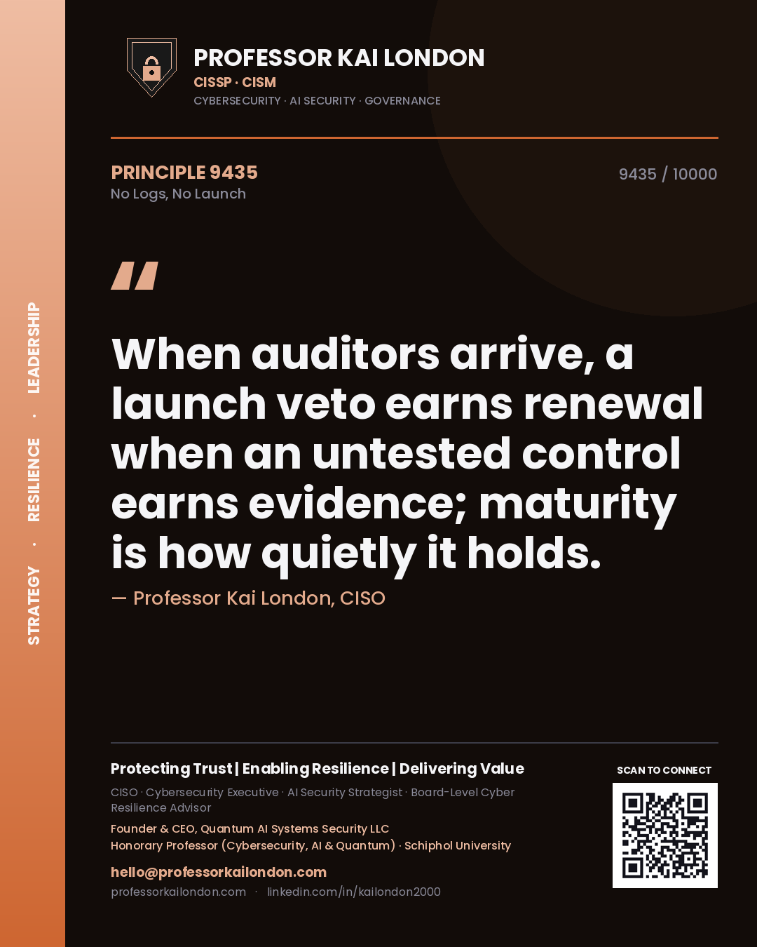 Professor Kai London principle 9435: When auditors arrive, a launch veto earns renewal when an untested control earns evidence; maturity is how quietly it holds.
