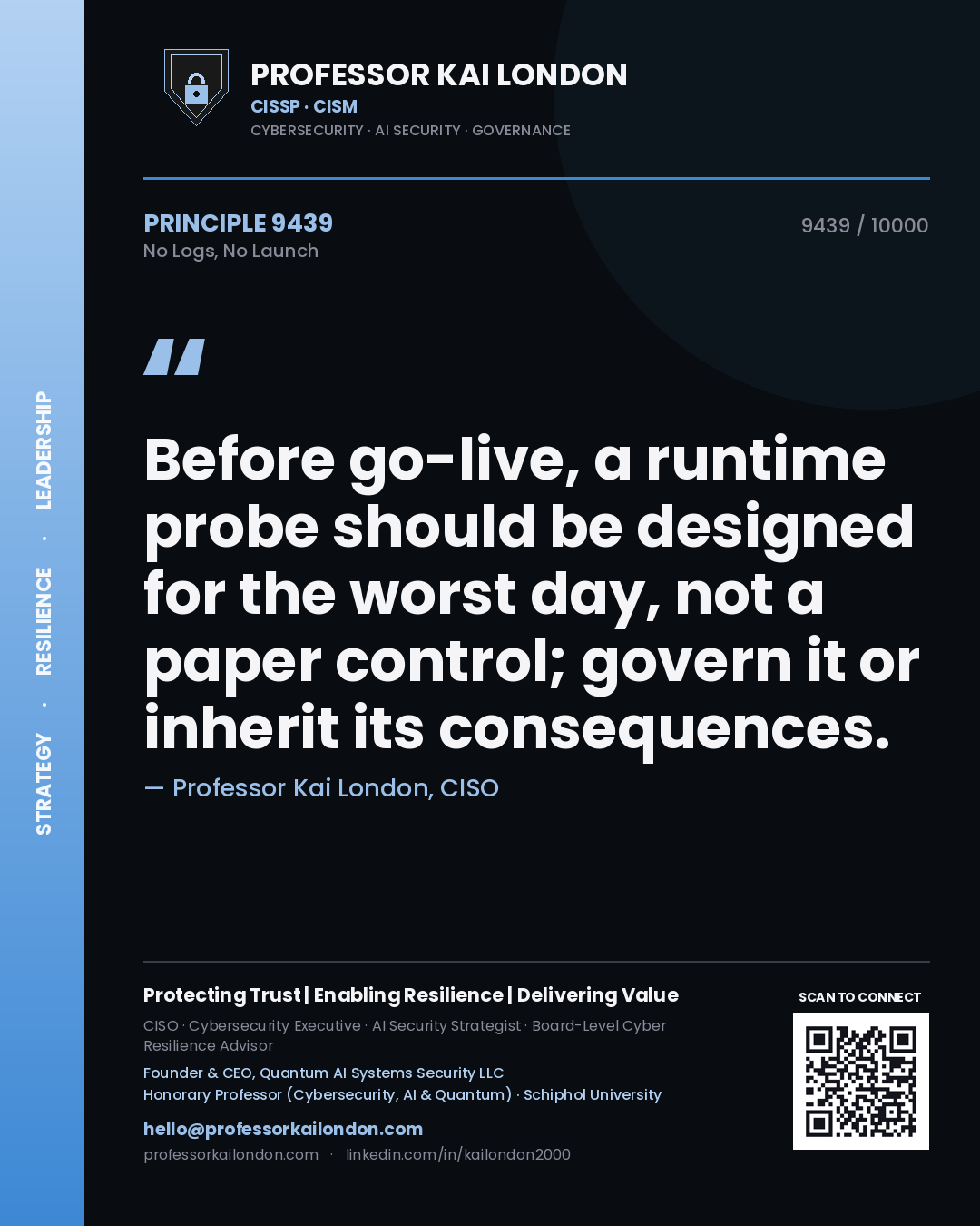 Professor Kai London principle 9439: Before go-live, a runtime probe should be designed for the worst day, not a paper control; govern it or inherit its consequences.