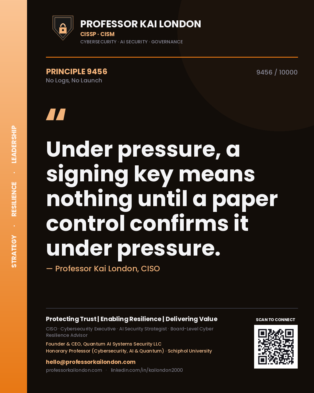 Quote card by Professor Kai London reading 'Under pressure, a signing key means nothing until a paper control confirms it under pressure.'. From the book No Logs, No Launch.