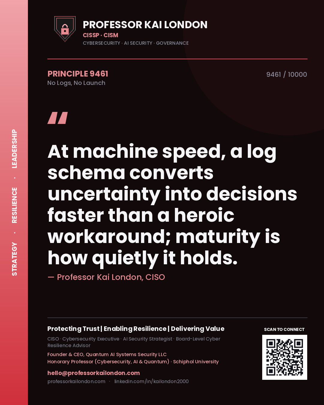 Professor Kai London principle 9461: At machine speed, a log schema converts uncertainty into decisions faster than a heroic workaround; maturity is how quietly it holds.