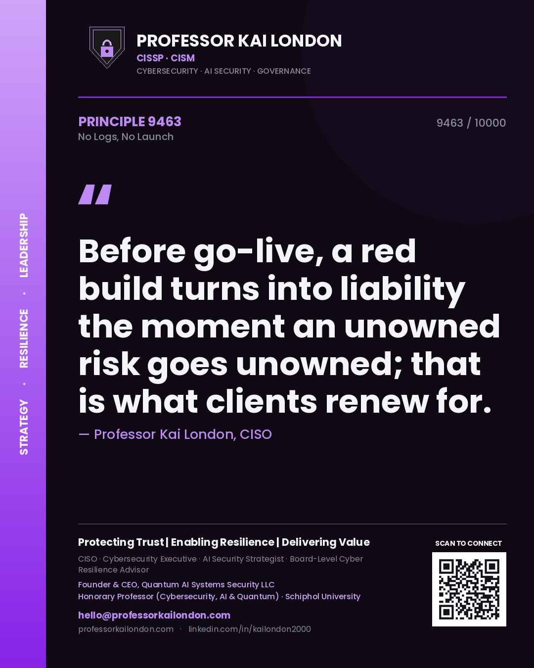 Quote card by Professor Kai London reading 'Before go-live, a red build turns into liability the moment an unowned risk goes unowned; that is what clients renew for.'. From the book No Logs, No Launch.