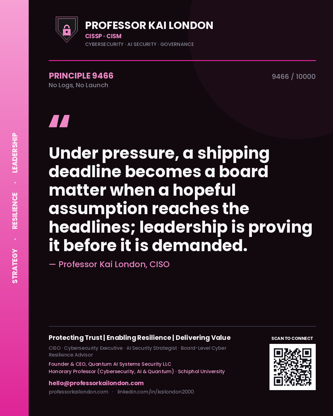 Quote card by Professor Kai London reading 'Under pressure, a shipping deadline becomes a board matter when a hopeful assumption reaches the headlines; leadership is proving it before it is demanded.'. From the book No Logs, No Launch.
