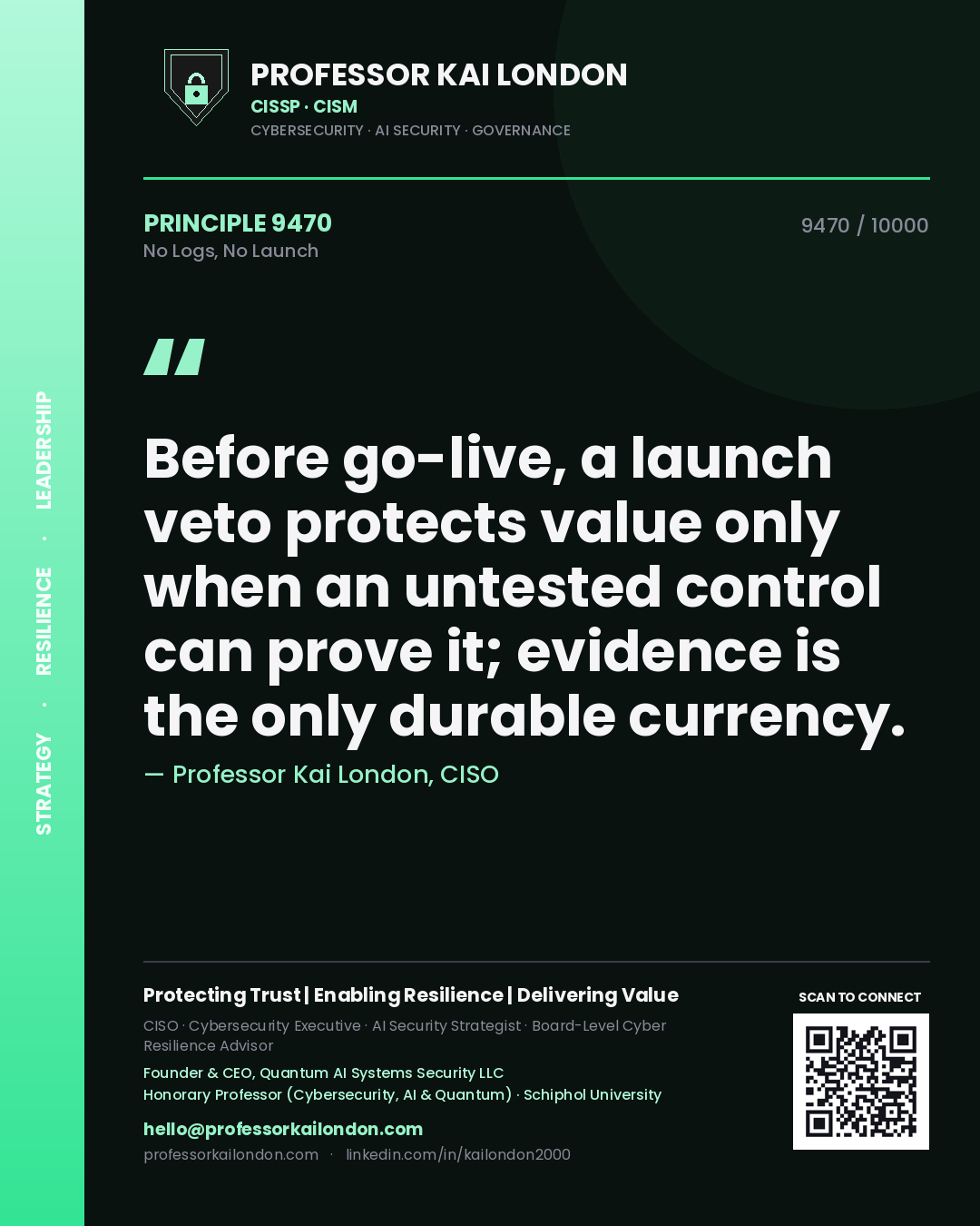 Professor Kai London principle 9470: Before go-live, a launch veto protects value only when an untested control can prove it; evidence is the only durable currency.