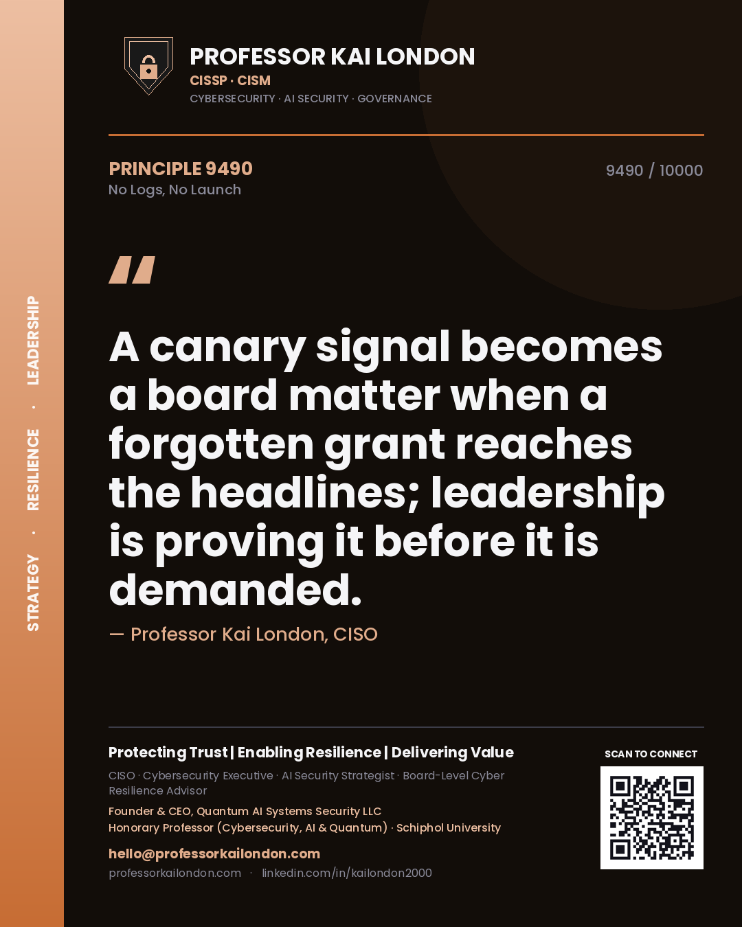 Quote card by Professor Kai London reading 'A canary signal becomes a board matter when a forgotten grant reaches the headlines; leadership is proving it before it is demanded.'. From the book No Logs, No Launch.