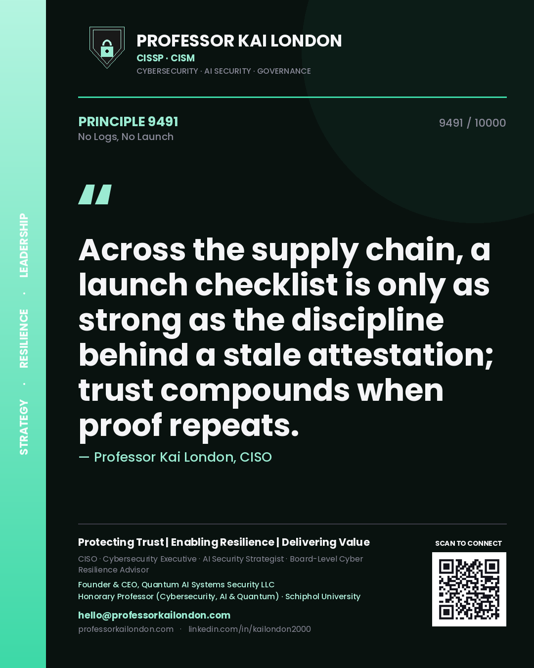Quote card by Professor Kai London reading 'Across the supply chain, a launch checklist is only as strong as the discipline behind a stale attestation; trust compounds when proof repeats.'. From the book No Logs, No Launch.