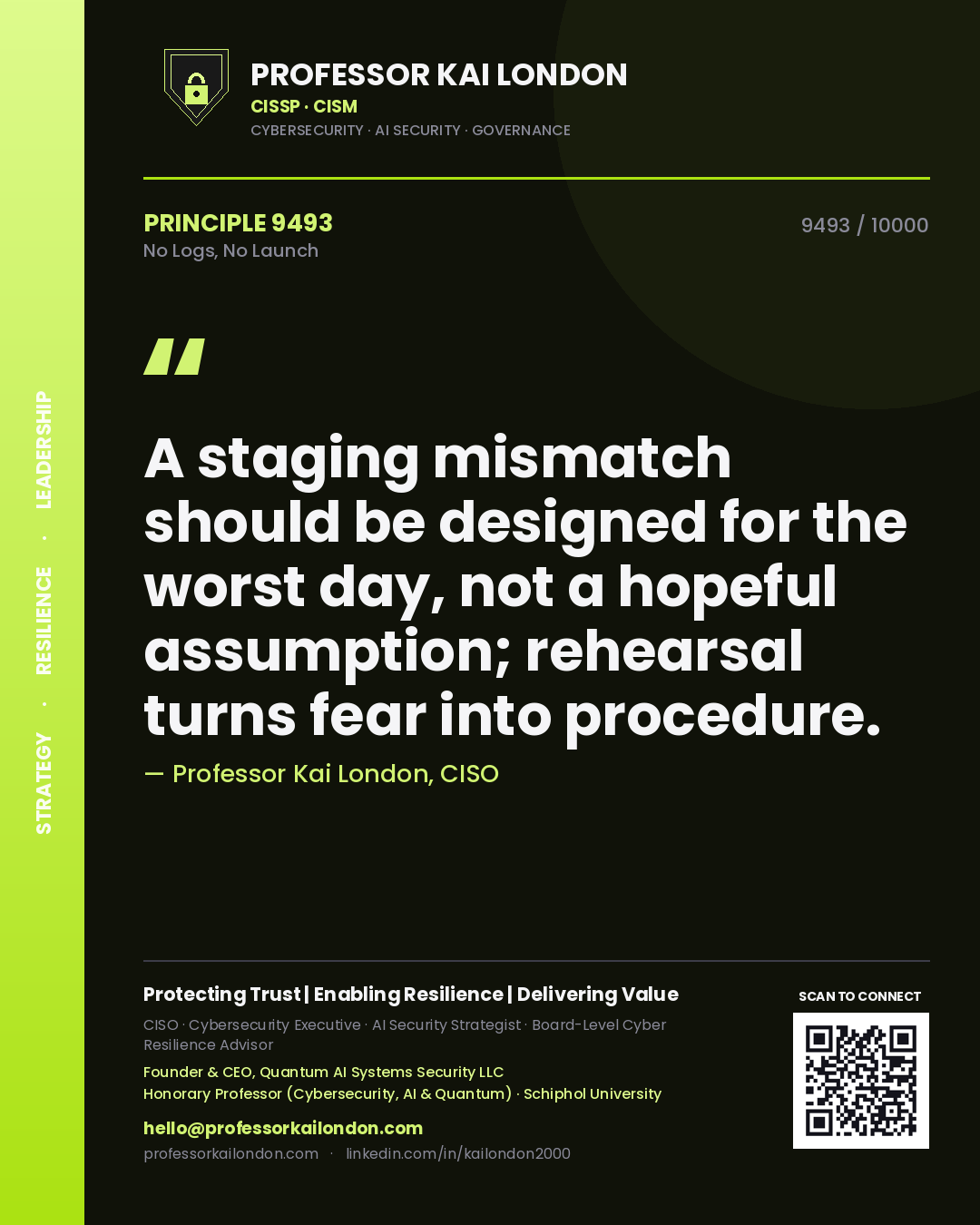 Professor Kai London principle 9493: A staging mismatch should be designed for the worst day, not a hopeful assumption; rehearsal turns fear into procedure.