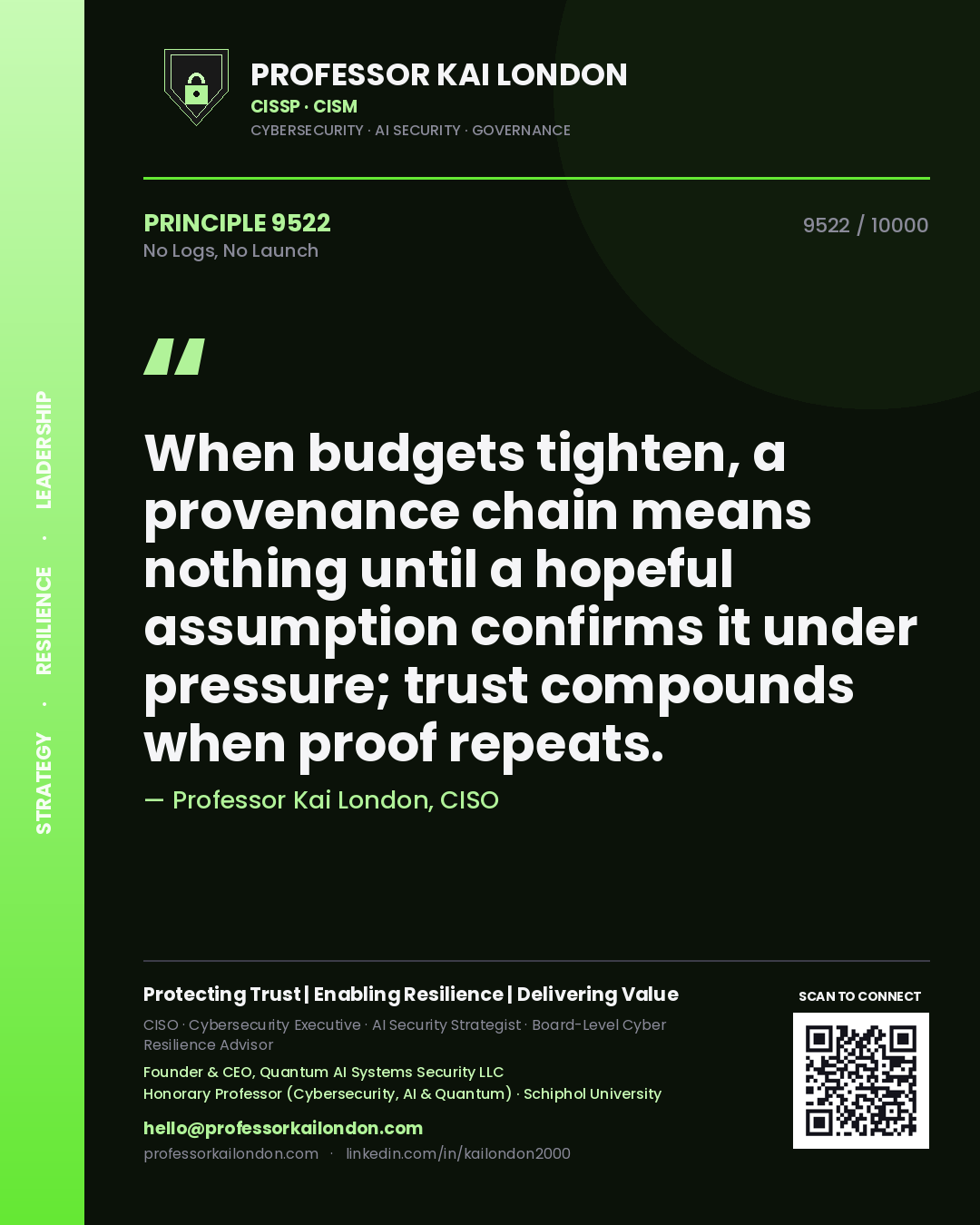 Quote card by Professor Kai London reading 'When budgets tighten, a provenance chain means nothing until a hopeful assumption confirms it under pressure; trust compounds when proof repeats.'. From the book No Logs, No Launch.