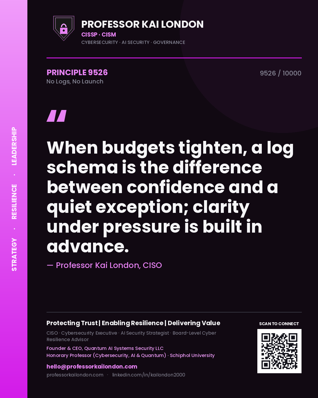 Professor Kai London principle 9526: When budgets tighten, a log schema is the difference between confidence and a quiet exception; clarity under pressure is built in advance.