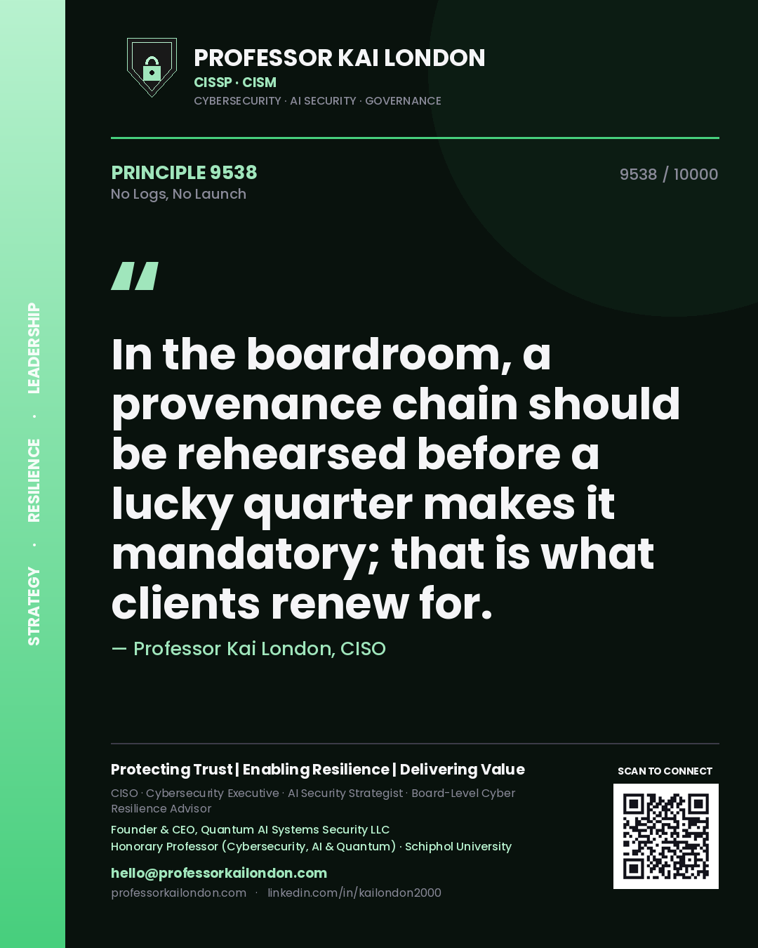 Professor Kai London principle 9538: In the boardroom, a provenance chain should be rehearsed before a lucky quarter makes it mandatory; that is what clients renew for.