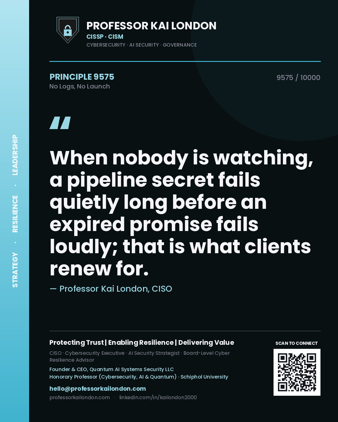 Professor Kai London principle 9575: When nobody is watching, a pipeline secret fails quietly long before an expired promise fails loudly; that is what clients renew for.
