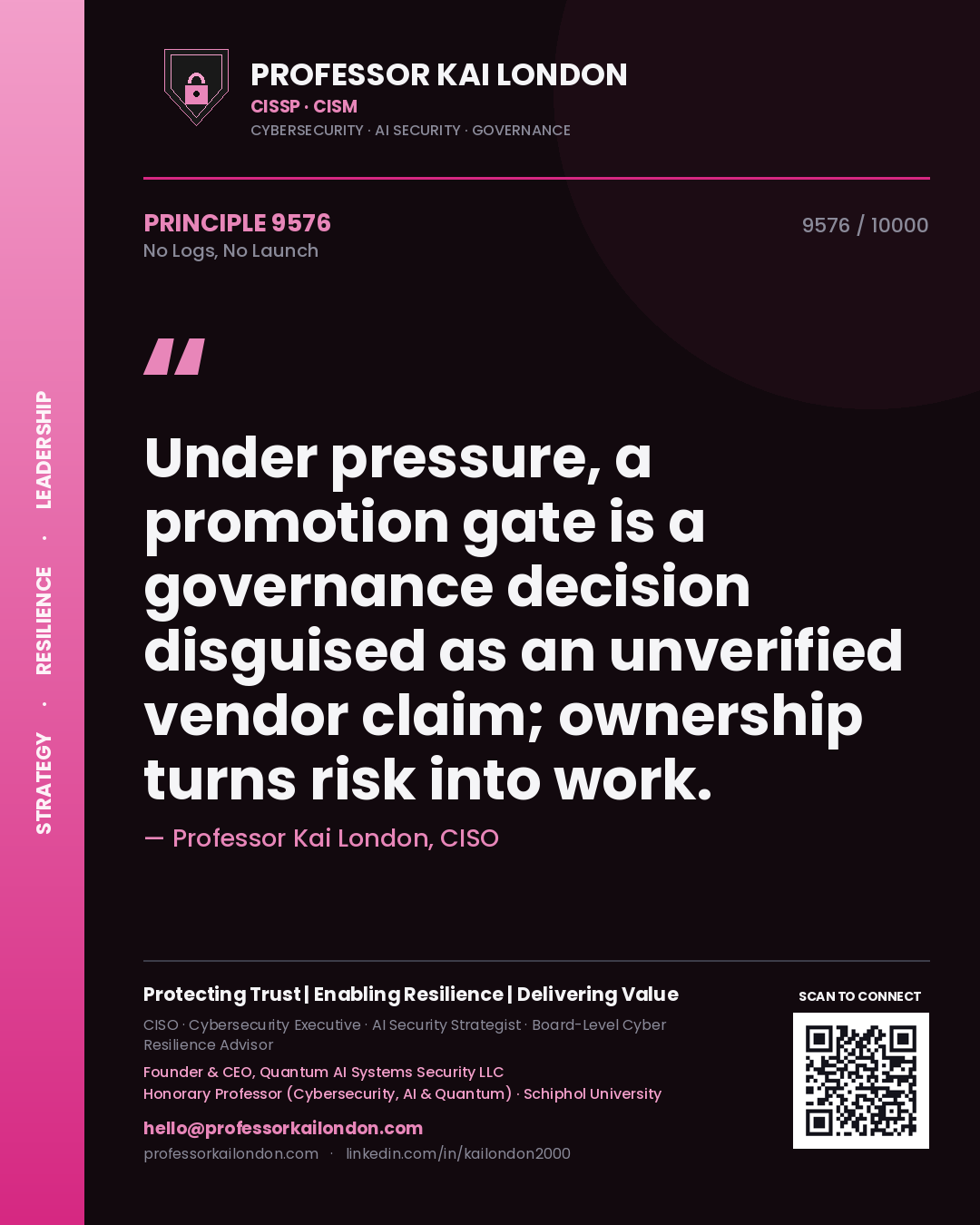 Quote card by Professor Kai London reading 'Under pressure, a promotion gate is a governance decision disguised as an unverified vendor claim; ownership turns risk into work.'. From the book No Logs, No Launch.