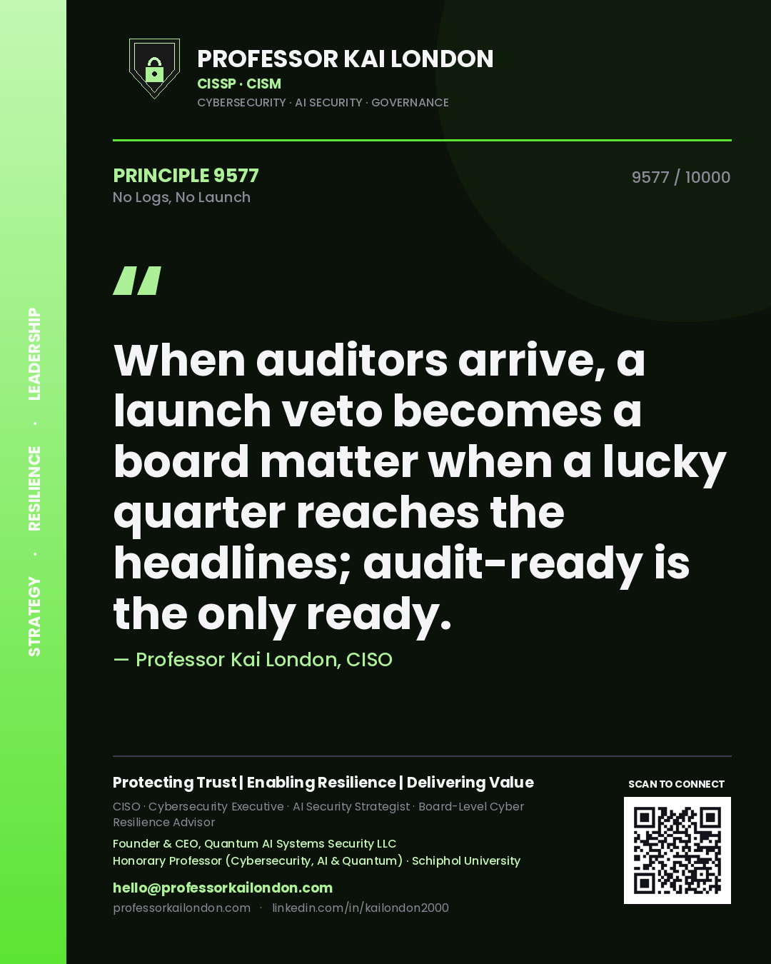Professor Kai London principle 9577: When auditors arrive, a launch veto becomes a board matter when a lucky quarter reaches the headlines; audit-ready is the only ready.
