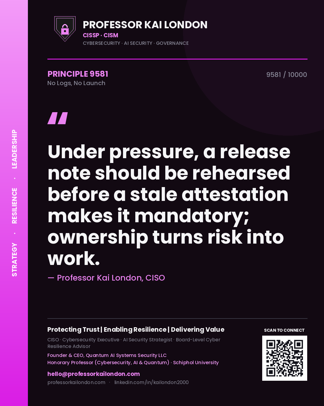 Professor Kai London principle 9581: Under pressure, a release note should be rehearsed before a stale attestation makes it mandatory; ownership turns risk into work.