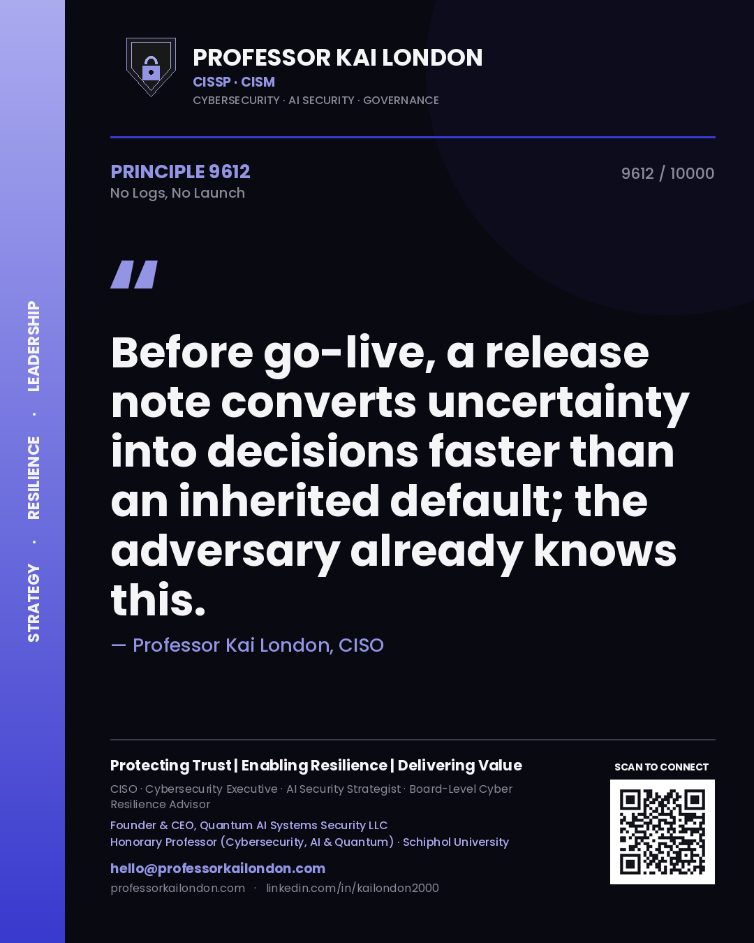 Professor Kai London principle 9612: Before go-live, a release note converts uncertainty into decisions faster than an inherited default; the adversary already knows this.