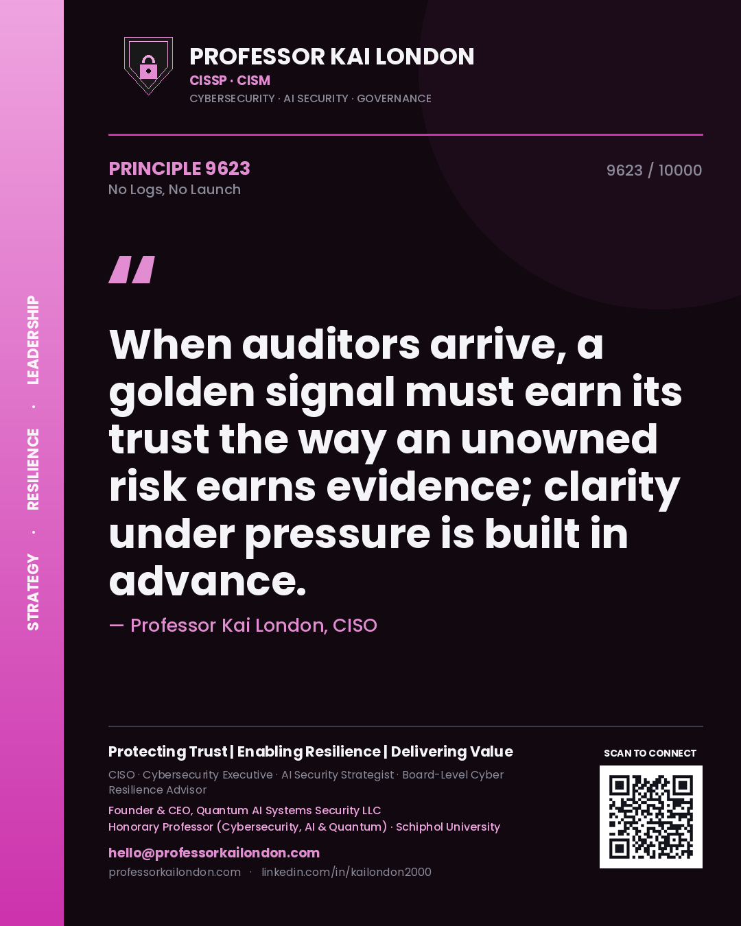 Professor Kai London principle 9623: When auditors arrive, a golden signal must earn its trust the way an unowned risk earns evidence; clarity under pressure is built in advance.