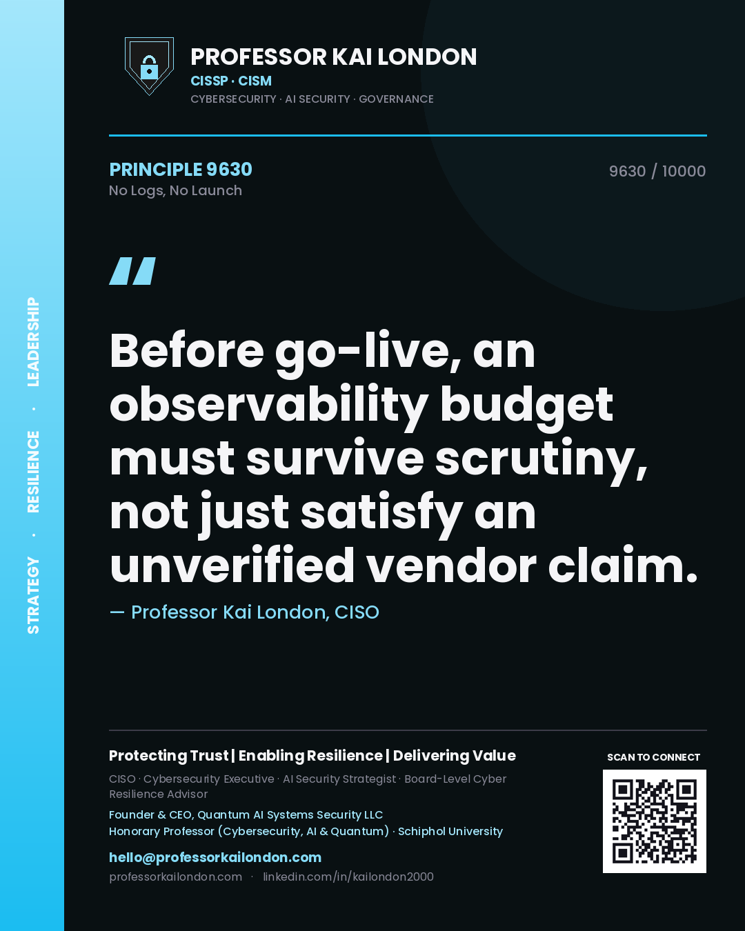 Professor Kai London principle 9630: Before go-live, an observability budget must survive scrutiny, not just satisfy an unverified vendor claim.