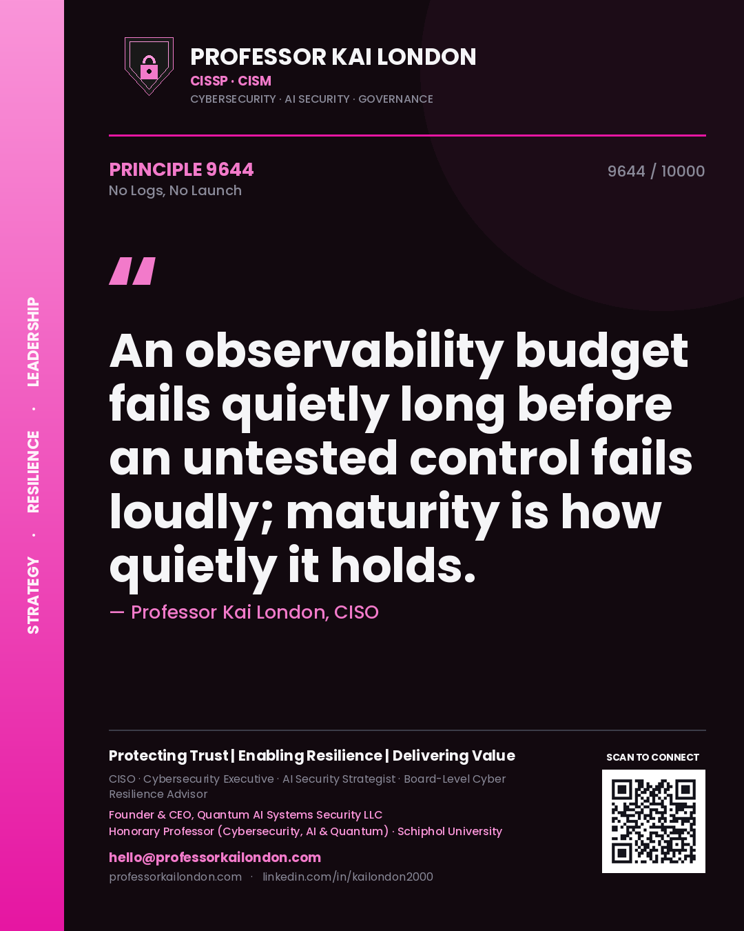 Quote card by Professor Kai London reading 'An observability budget fails quietly long before an untested control fails loudly; maturity is how quietly it holds.'. From the book No Logs, No Launch.