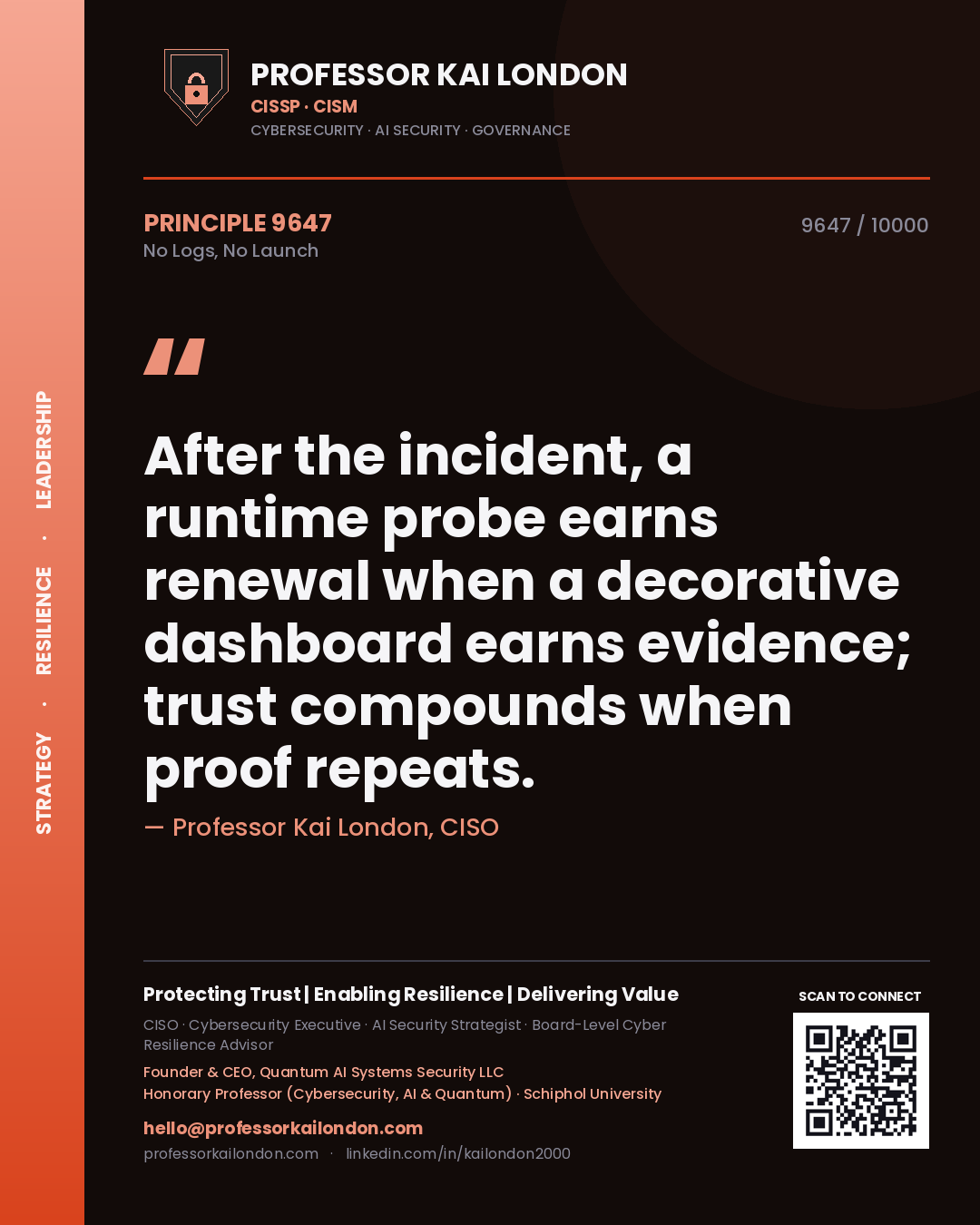 Quote card by Professor Kai London reading 'After the incident, a runtime probe earns renewal when a decorative dashboard earns evidence; trust compounds when proof repeats.'. From the book No Logs, No Launch.