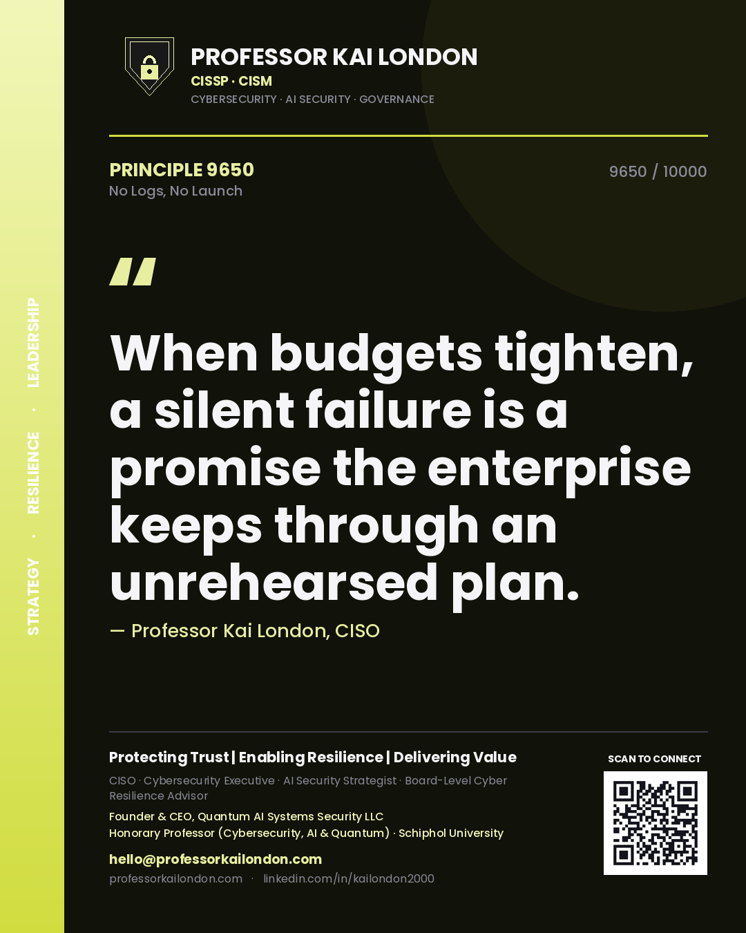 Professor Kai London principle 9650: When budgets tighten, a silent failure is a promise the enterprise keeps through an unrehearsed plan.