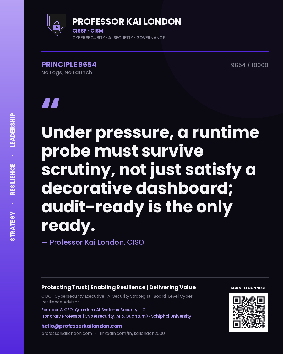 Quote card by Professor Kai London reading 'Under pressure, a runtime probe must survive scrutiny, not just satisfy a decorative dashboard; audit-ready is the only ready.'. From the book No Logs, No Launch.