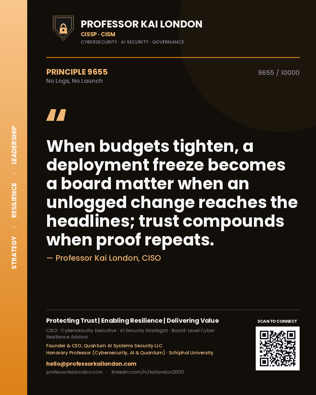 Professor Kai London principle 9655: When budgets tighten, a deployment freeze becomes a board matter when an unlogged change reaches the headlines; trust compounds when proof repeats.
