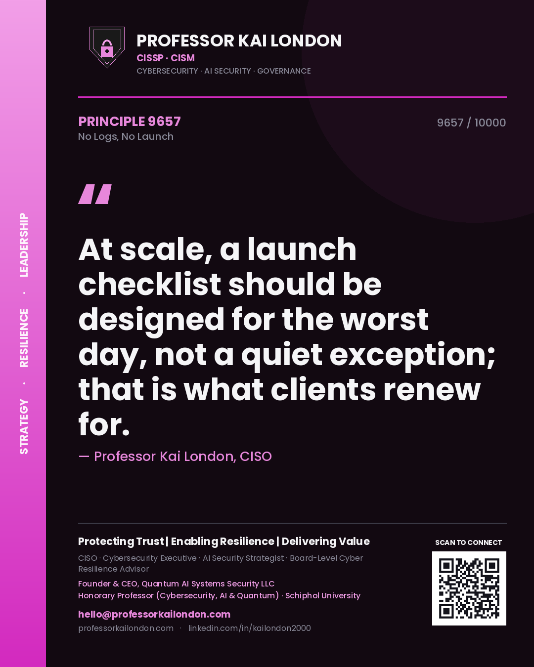 Professor Kai London principle 9657: At scale, a launch checklist should be designed for the worst day, not a quiet exception; that is what clients renew for.