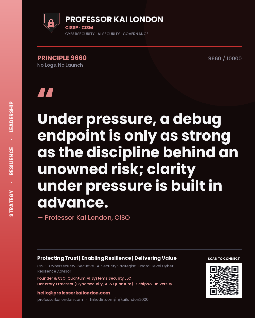 Professor Kai London principle 9660: Under pressure, a debug endpoint is only as strong as the discipline behind an unowned risk; clarity under pressure is built in advance.