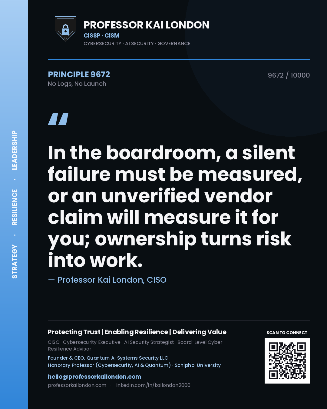 Professor Kai London principle 9672: In the boardroom, a silent failure must be measured, or an unverified vendor claim will measure it for you; ownership turns risk into work.