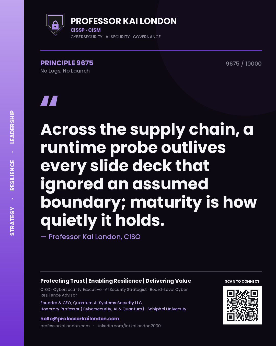 Quote card by Professor Kai London reading 'Across the supply chain, a runtime probe outlives every slide deck that ignored an assumed boundary; maturity is how quietly it holds.'. From the book No Logs, No Launch.
