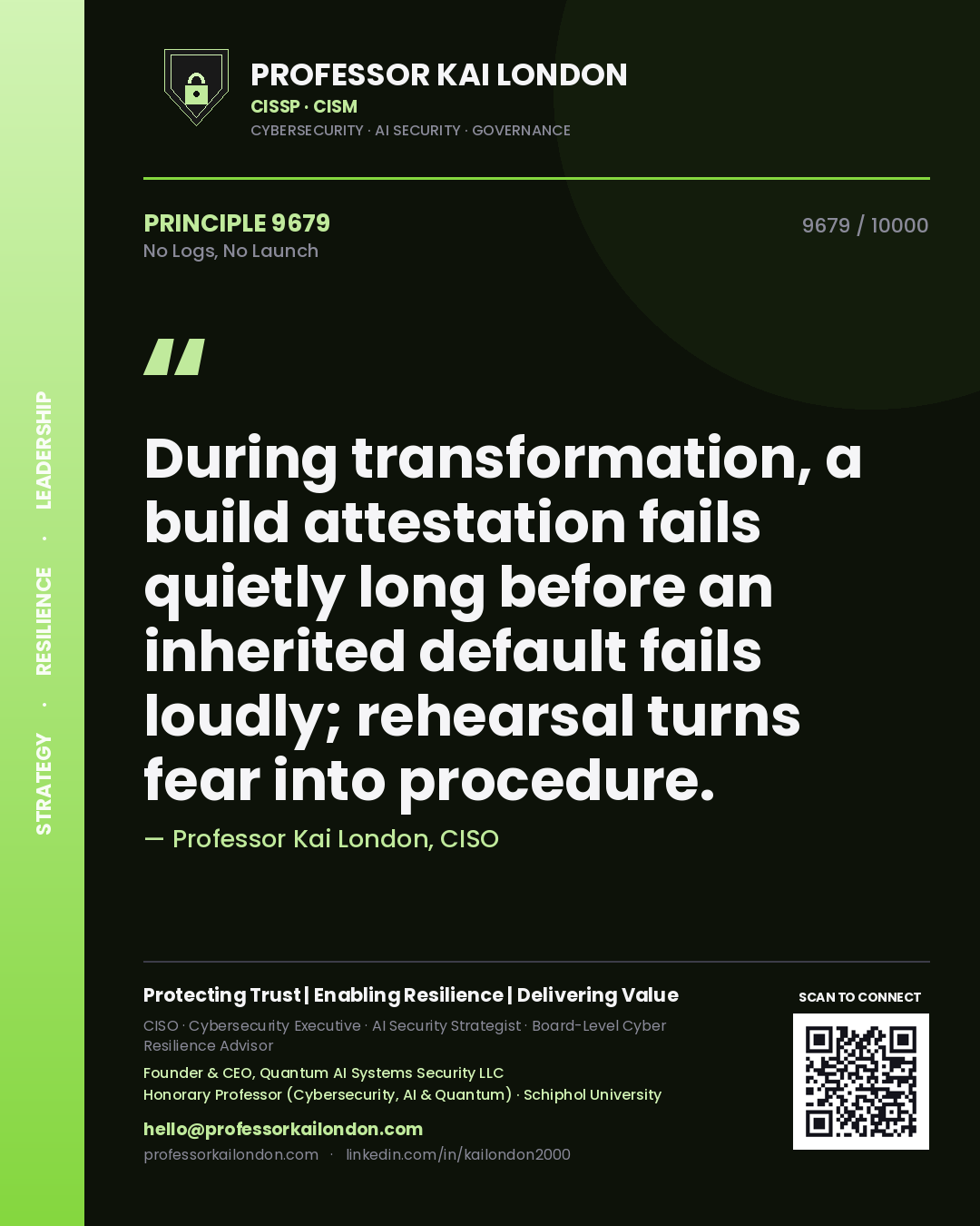 Professor Kai London principle 9679: During transformation, a build attestation fails quietly long before an inherited default fails loudly; rehearsal turns fear into procedure.