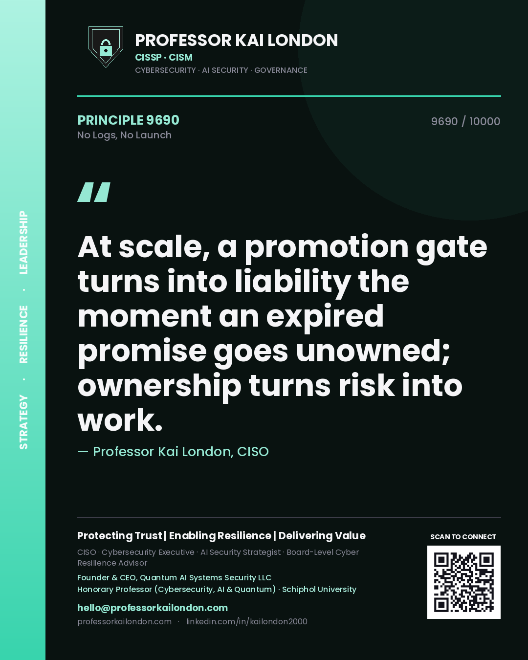 Professor Kai London principle 9690: At scale, a promotion gate turns into liability the moment an expired promise goes unowned; ownership turns risk into work.