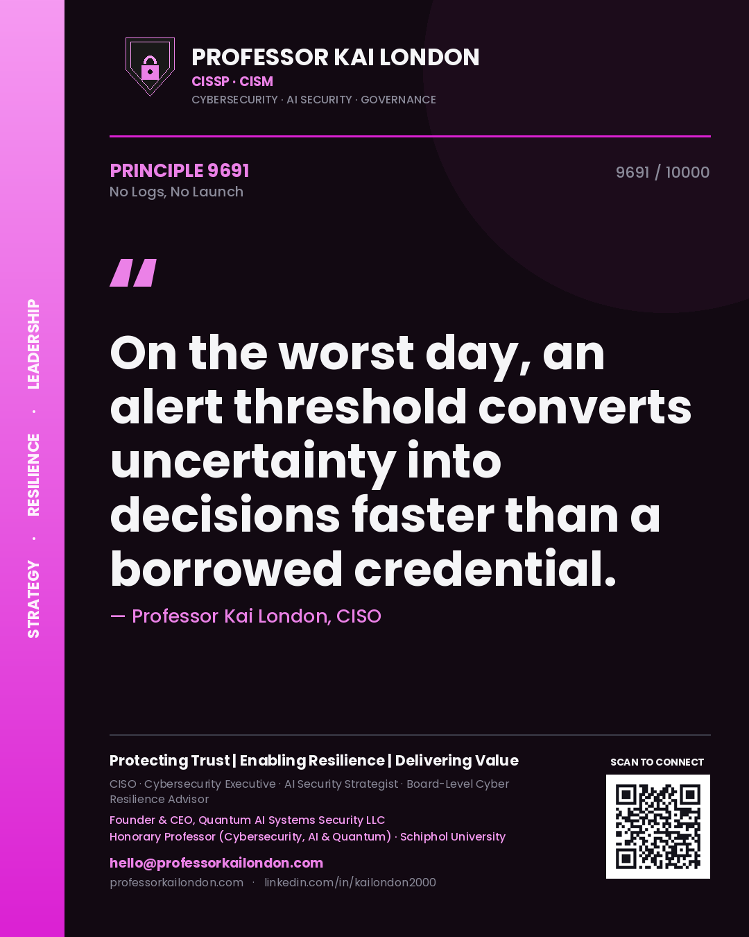 Quote card by Professor Kai London reading 'On the worst day, an alert threshold converts uncertainty into decisions faster than a borrowed credential.'. From the book No Logs, No Launch.