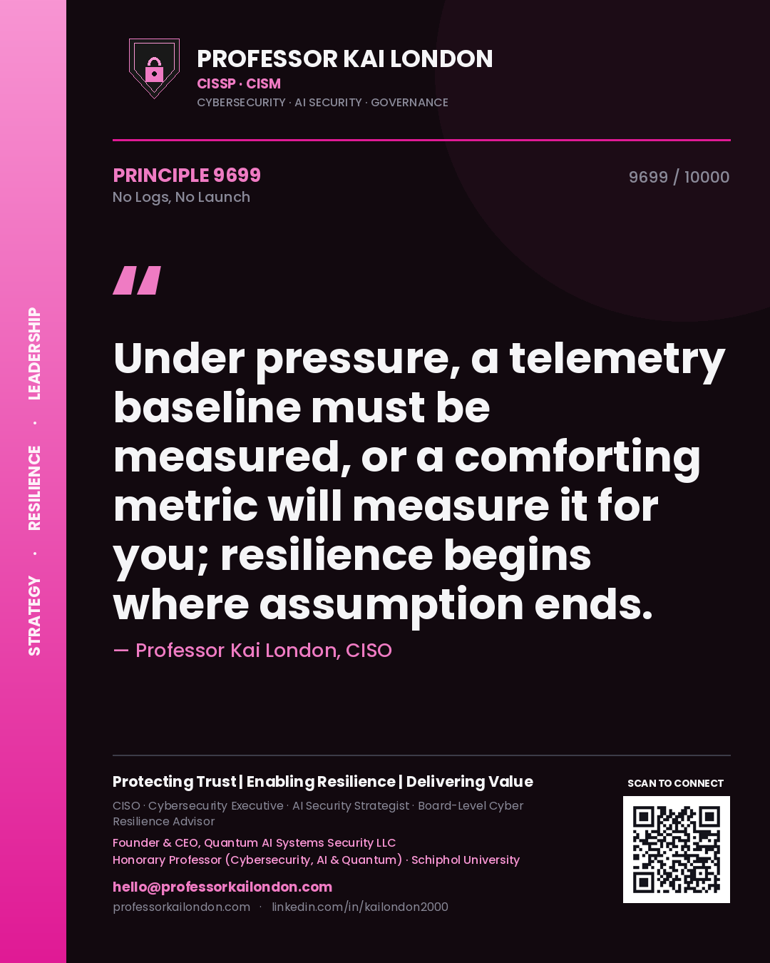 Professor Kai London principle 9699: Under pressure, a telemetry baseline must be measured, or a comforting metric will measure it for you; resilience begins where assumption ends.
