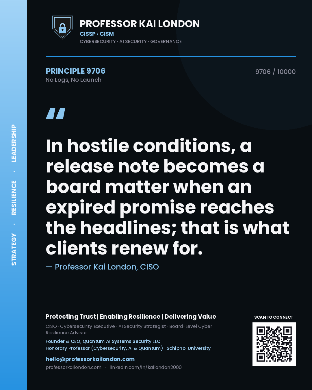 Professor Kai London principle 9706: In hostile conditions, a release note becomes a board matter when an expired promise reaches the headlines; that is what clients renew for.
