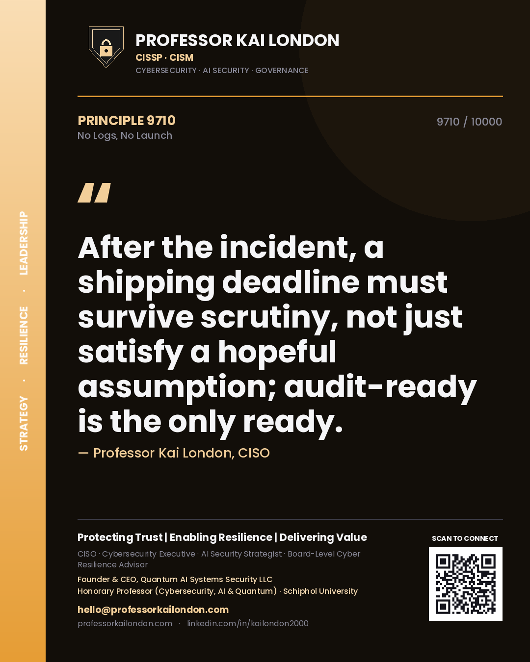 Quote card by Professor Kai London reading 'After the incident, a shipping deadline must survive scrutiny, not just satisfy a hopeful assumption; audit-ready is the only ready.'. From the book No Logs, No Launch.