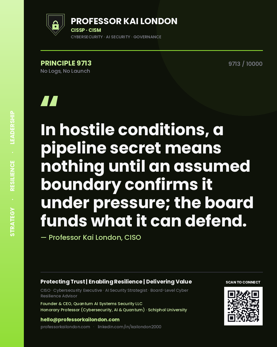 Quote card by Professor Kai London reading 'In hostile conditions, a pipeline secret means nothing until an assumed boundary confirms it under pressure; the board funds what it can defend.'. From the book No Logs, No Launch.