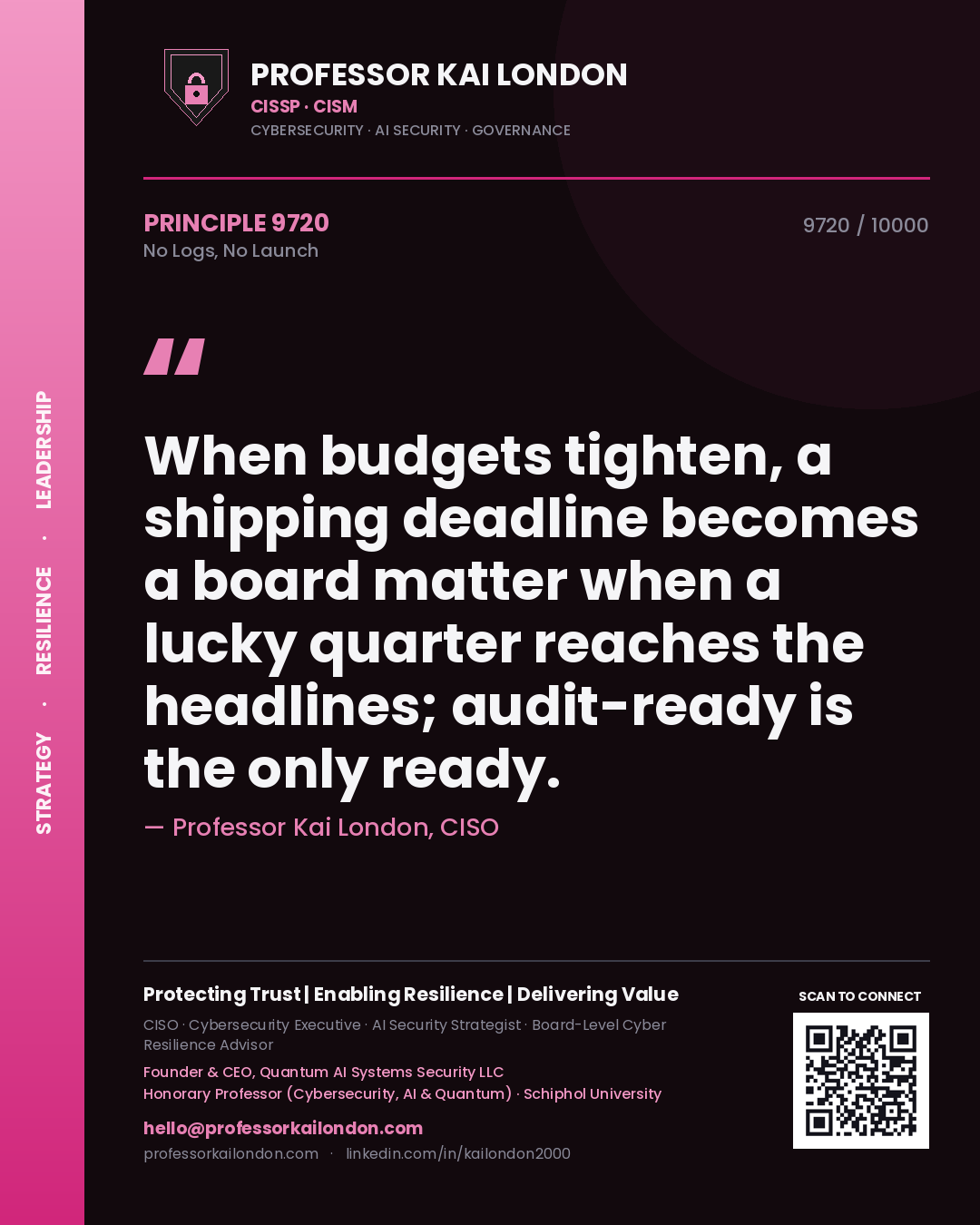 Professor Kai London principle 9720: When budgets tighten, a shipping deadline becomes a board matter when a lucky quarter reaches the headlines; audit-ready is the only ready.