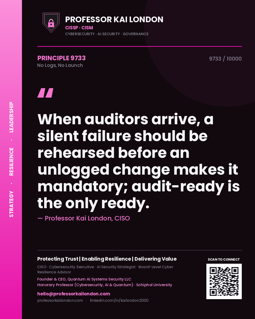 Quote card by Professor Kai London reading 'When auditors arrive, a silent failure should be rehearsed before an unlogged change makes it mandatory; audit-ready is the only ready.'. From the book No Logs, No Launch.